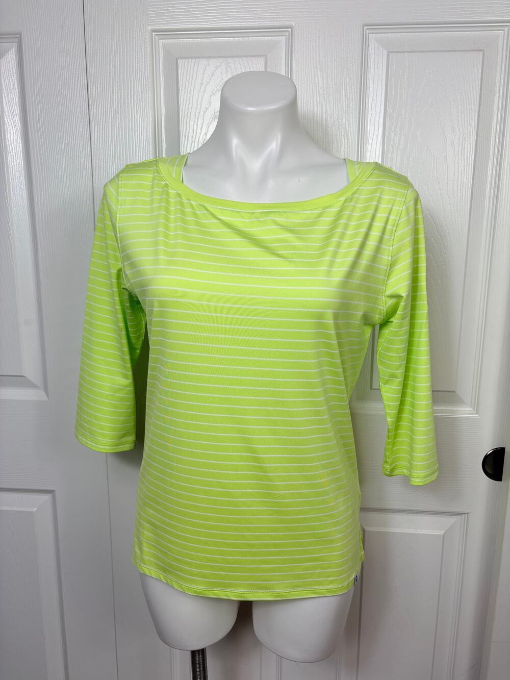 FootJoy 3/4 Stretch Lisle Stripe Boatneck Shirt Lime Green and White Shirt M